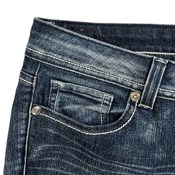 Y2K LEI Sophia Hipster Flare Jean Blue Embroidery Whispered Flap Pockets 13S/29L - Picture 4 of 13